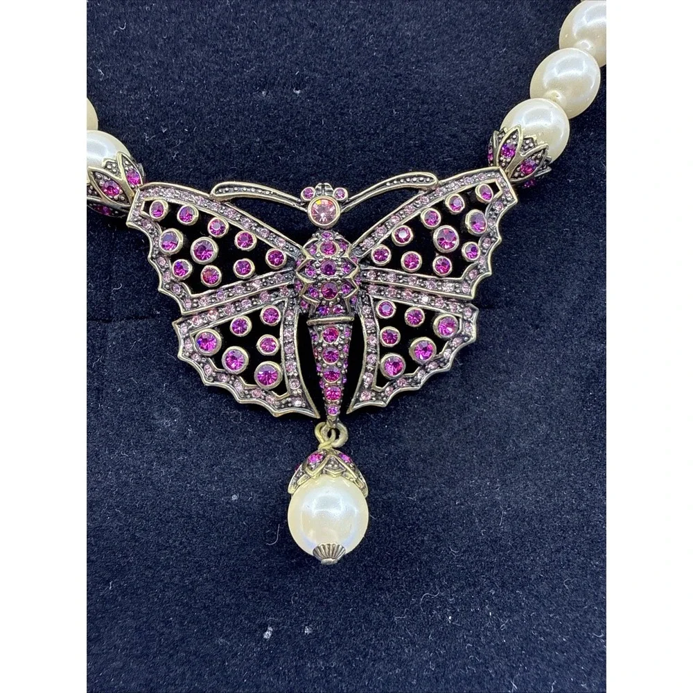 Heidi Daus Madame Butterfly Necklace Pink Crystal‎ Faux Pearl W/ Box
